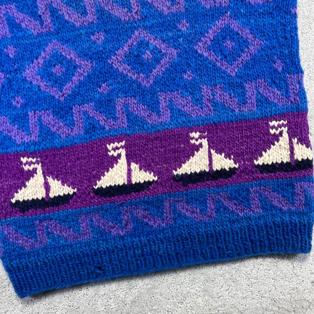 Vintage Hand Made Wool Sweater L/XL?? Sailboat Nautical Knit Blue Chunky Ecuador - Picture 6 of 16